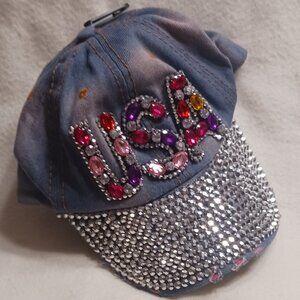 NWOT Nollia USA Rhinestone Ballcap Distressed Fabric Never Used